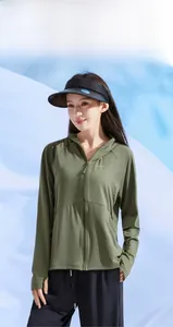Army green UPF50+ sun protection jacket detail with finger holes and zip front design