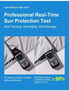 UPF50+ sun protection jacket in light grey showing UV blocking test results and fabric detail