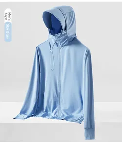 Detail of sky blue UPF50+ sun protection jacket with breathable mesh lining and face mask