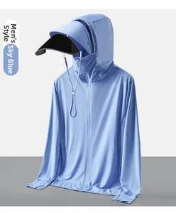 Detail of sky blue ice silk sun protection jacket with hood and large brim