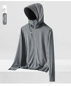 Detail of midnight gray men's ice silk sun protection jacket with breathable mesh texture