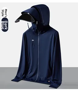 Detail of men's dark blue sun protection jacket with detachable black brim and mesh fabric