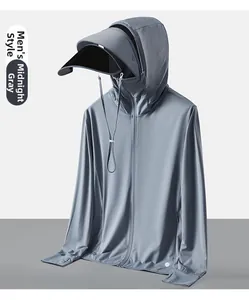 Macro detail of breathable dark gray cooling fabric on men's UV protection sun shirt