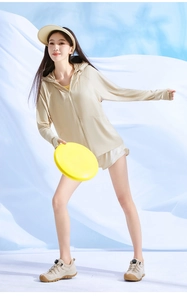 Women's UV protection beige outdoor set with hoodie and shorts for hiking and cycling