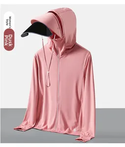 Detail of Sunset Pink sun protection jacket with UV visor and breathable mesh fabric