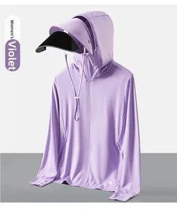 Detail of lavender cooling sun protection jacket with oversized black brim and thumbholes