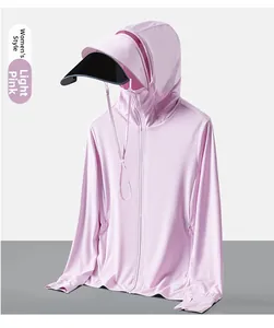 Detail of women's soft pink sun protection jacket with adjustable visor and thumb holes
