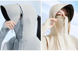 Detail of detachable sun hat and UPF50+ breathable fabric on sun protection jacket