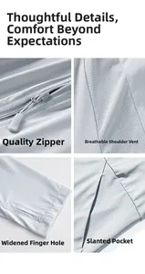 Detail view of smooth zipper, breathable mesh shoulders and thumb holes on sun coat