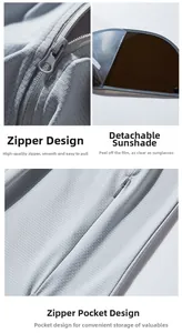 Detail of detachable sun mask, smooth zipper closure and secure hidden pocket on gray jacket