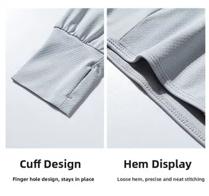 Detail of sun protection shirt showing thumbhole cuffs and reinforced hem stitching