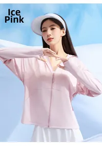 Ice dew pink sun protection jacket with thumb holes and hood for outdoor activities