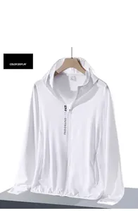 Detail of white ice silk sun protection jacket with UPF50+ logo and 2XL size label