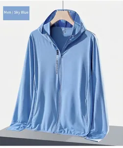 Detail of light blue sun protection jacket with breathable mesh and UPF 50+ logo