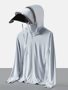 Veste Protection Solaire Unisexe UPF50 Plus Soie Glacée Haut Rafraîchissant Avec Visière Amovible Masque Facial Top Cyclisme Pêche