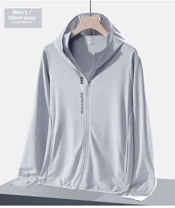Close-up of silver-grey ice silk UV jacket featuring breathable mesh and UPF50+ print