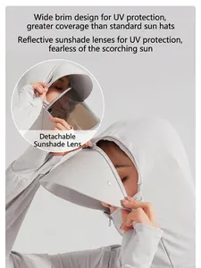 Light gray UV protection jacket with wide brim hood and detachable sun shield