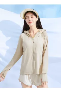 Detail view of khaki sun protection jacket with hood and thumbholes for outdoor wear