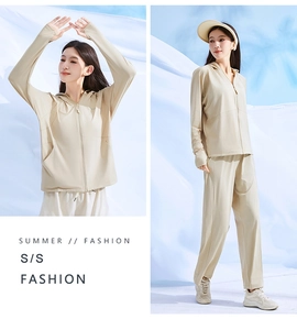 Detail of apricot UV protection set with thumb-hole sleeves for outdoor sun safety