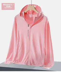 Detailed view of pink UV jacket with UPF 50+ print, hood and thumbhole cuffs
