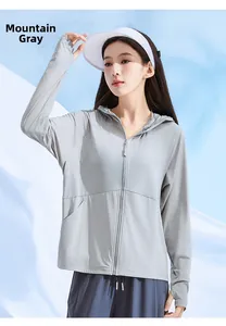 Detail of grey sun protection jacket with thumbholes and UPF 50+ breathable fabric