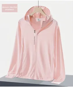 Detail of mint pink women's sun protection jacket with UPF 50+ text and thumb holes