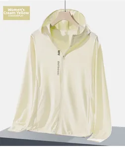 Detail of cream yellow UPF 50+ sun protection jacket featuring breathable mesh and finger holes