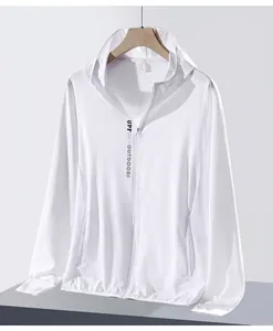 Close-up of breathable ice silk fabric with UPF 50+ logo on hooded sun protection jacket