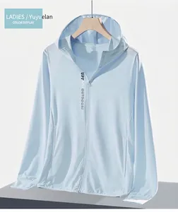 Detail of light blue UPF 50+ sun protection jacket with breathable mesh and zip hood