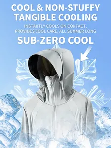 Women's light gray UPF 50+ sun protection jacket with hood and built-in face shield