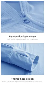 Detail of high-quality smooth zipper and thumb holes on breathable sun protection jacket