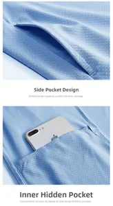 Detail of breathable mesh fabric on light blue sun jacket with hidden security inner pocket