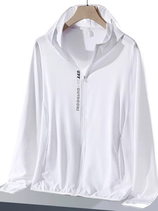White UPF 50+ ice silk sun protection jacket with hood and breathable mesh fabric