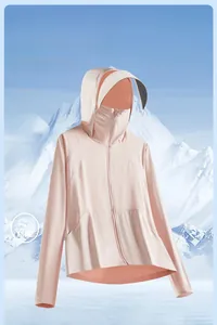 Detail of pink sun protection jacket with removable brim and breathable ice silk fabric