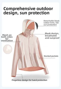 Detail of pink sun protection jacket showing UV mask, sun visor and mesh vents