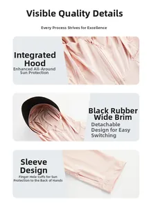 Pink sun jacket detail showing detachable brim, integrated face mask, and thumbhole cuffs