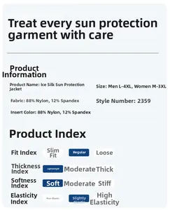Detail specifications showing ice silk fabric composition and UPF50+ outdoor jacket sizes