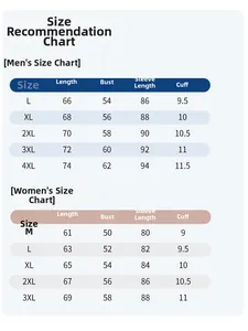 Detailed size chart for lightweight UV protection sun jacket showing men and women dimensions