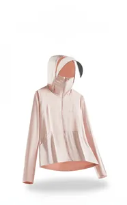 Detail of pink UV protection jacket with integrated sun visor and UPF 50+ logo