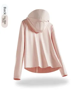 Back view of pink hooded sun protection jacket in lightweight ice silk breathable fabric