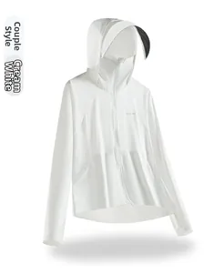 Close-up of ice silk sun protection jacket with UPF 50+ logo and facial mask hood