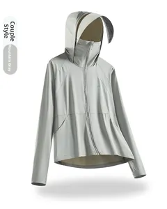 Detail of grey hooded UV sun protection jacket with breathable mask and visor