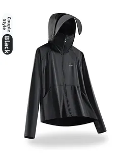 Detail of black UPF 50+ sun protection jacket with hood and integrated face mask