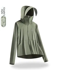 Sage green sun protection jacket with hood, integrated face shield and UPF50+ logo