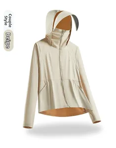 Detail of hooded sun protection jacket with integrated face mask in beige desert coffee
