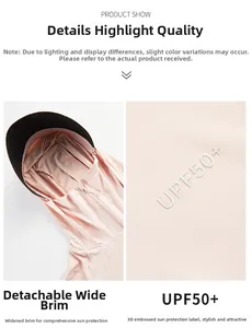 Detail of pink sun protection jacket showing UPF 50+ rating and breathable mesh