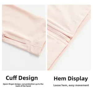 Detail of pink sun protection jacket showing thumbhole cuffs and flat hem stitching
