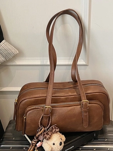 Vintage PU Leather Shoulder Bag For Women Fashion Large Capacity Underarm Bag Multi Zipper Niche Handbag With Plush Pendant