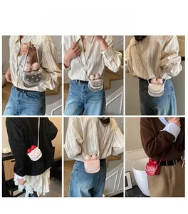Detailed views of mini heart bow crossbody bags in four colors styled with outfits
