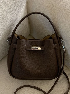 Fashion PU Leather Bucket Bag Lychee Pattern Large Capacity Handbag Silver Turn Lock Crossbody Shoulder Bag For Women